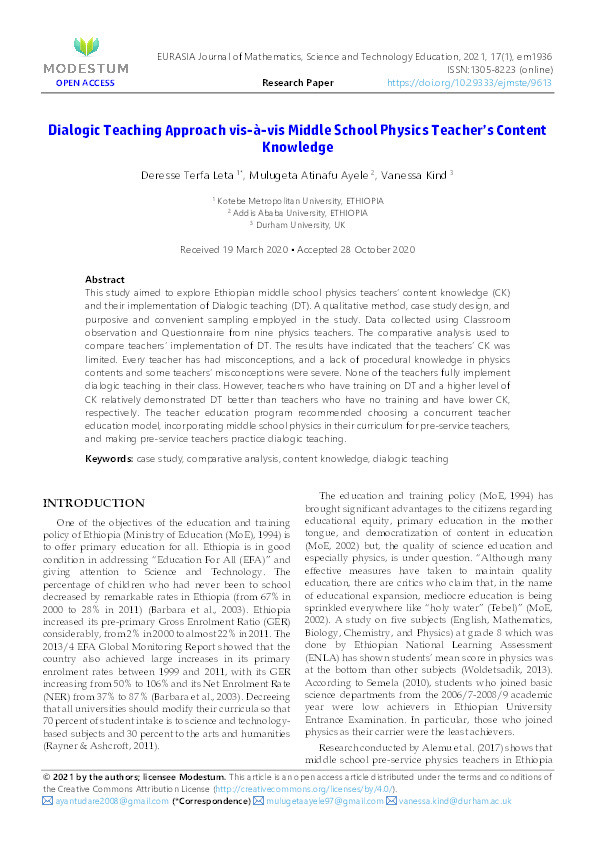 Dialogic Teaching Approach vis-à-vis Middle School Physics Teacher’s Content Knowledge Thumbnail