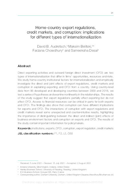 Home-country export regulations, credit markets, and corruption: implications for different types of internationalization Thumbnail