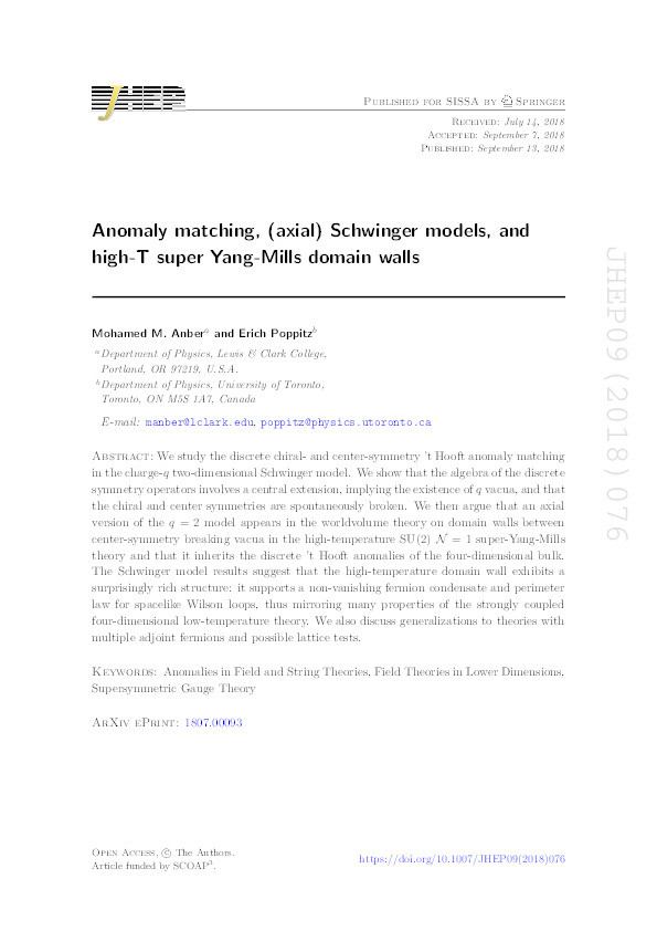 Anomaly matching, (axial) Schwinger models, and high-T super Yang-Mills domain walls Thumbnail