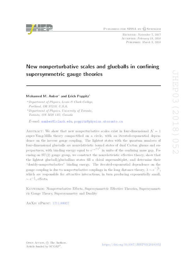 New nonperturbative scales and glueballs in confining supersymmetric gauge theories Thumbnail