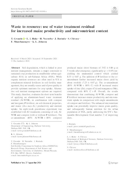 Waste to resource: use of water treatment residual for increased maize productivity and micronutrient content Thumbnail