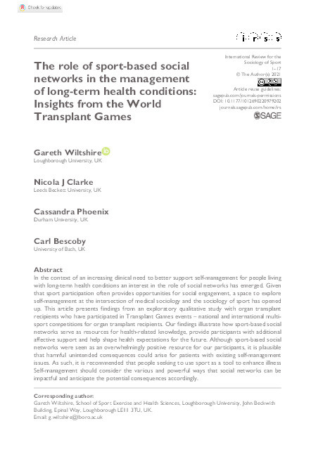 The role of sport-based social networks in the management of long-term health conditions: Insights from the World Transplant Games Thumbnail
