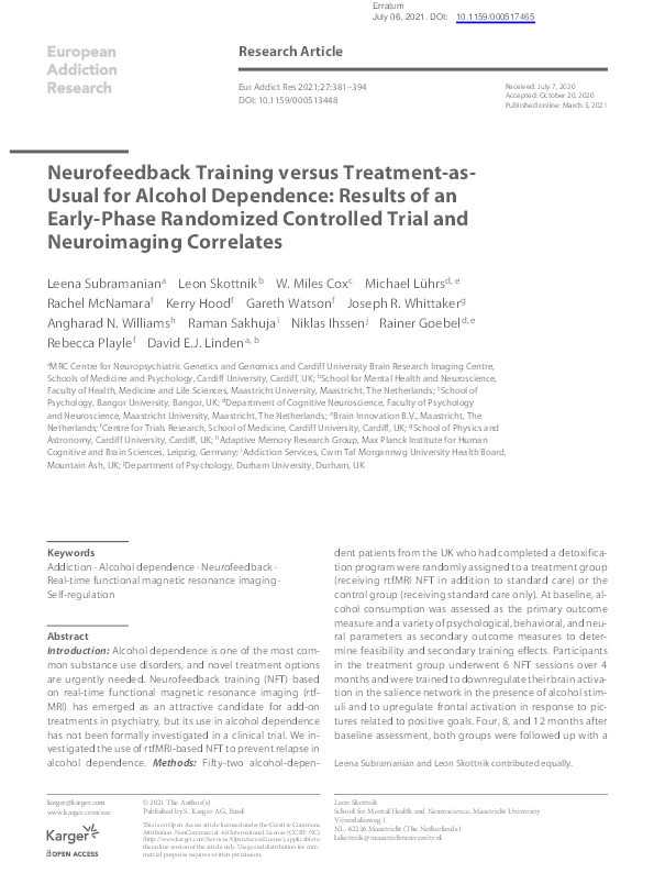 Neurofeedback Training versus Treatment-as-Usual for Alcohol Dependence: Results of an Early-Phase Randomized Controlled Trial and Neuroimaging Correlates Thumbnail