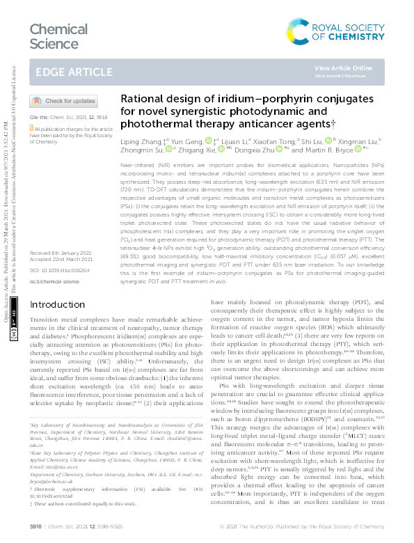 Rational design of iridium–porphyrin conjugates for novel synergistic photodynamic and photothermal therapy anticancer agents Thumbnail