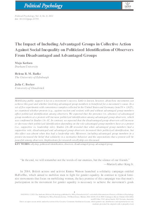 The Impact of Including Advantaged Groups in Collective Action Against Social Inequality on Politicized Identification of Observers From Disadvantaged and Advantaged Groups Thumbnail