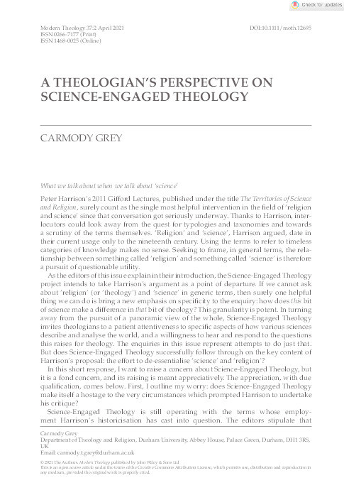 A Theologian’s Perspective on Science‐Engaged Theology Thumbnail