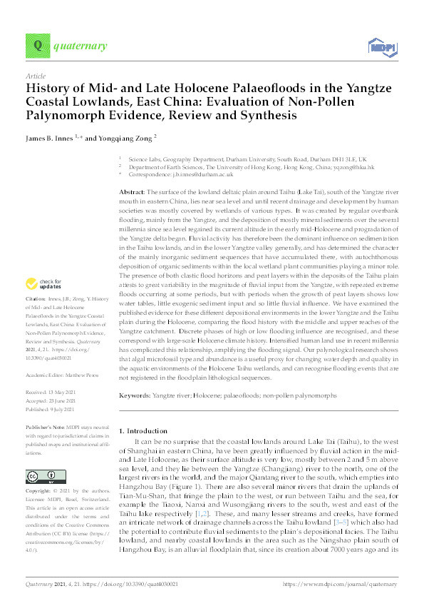 History of Mid- and Late Holocene Palaeofloods in the Yangtze Coastal Lowlands, East China: Evaluation of Non-Pollen Palynomorph Evidence, Review and Synthesis Thumbnail