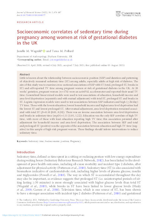Socioeconomic correlates of sedentary time during pregnancy among women at risk of gestational diabetes in the UK Thumbnail