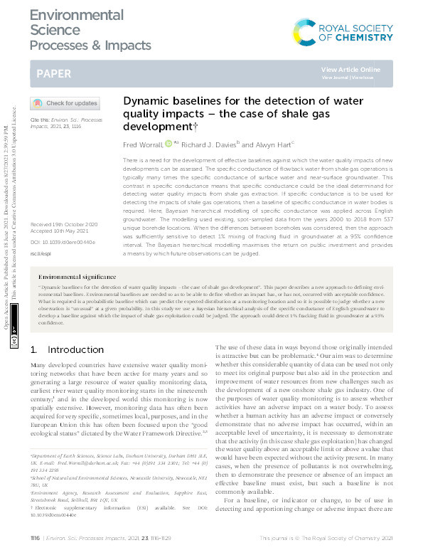 Dynamic baselines for the detection of water quality impacts – the case of shale gas development Thumbnail
