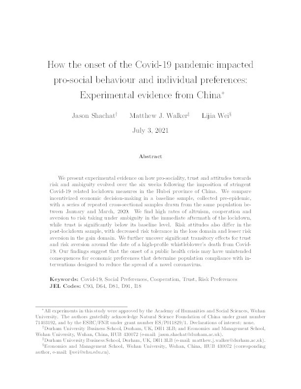 How the onset of the Covid-19 pandemic impacted pro-social behaviour and individual preferences: Experimental evidence from China Thumbnail