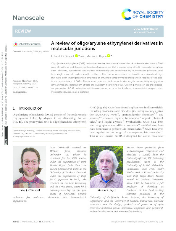 A review of oligo(arylene ethynylene) derivatives in molecular junctions Thumbnail