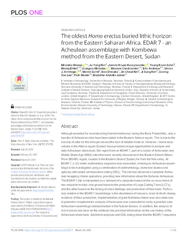 The oldest Homo erectus buried lithic horizon from the Eastern Saharan Africa. EDAR 7 - an Acheulean assemblage with Kombewa method from the Eastern Desert, Sudan Thumbnail