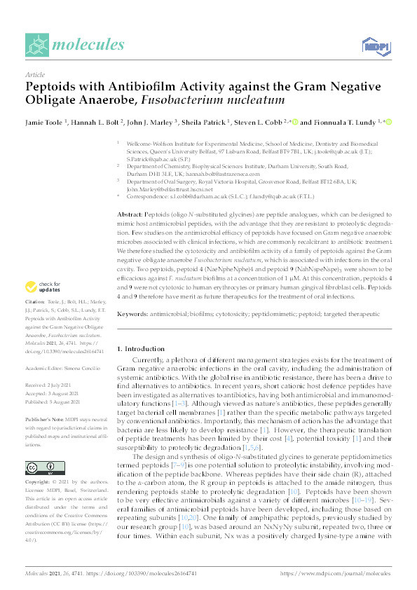 Peptoids with Antibiofilm Activity against the Gram Negative Obligate Anaerobe, Fusobacterium nucleatum Thumbnail