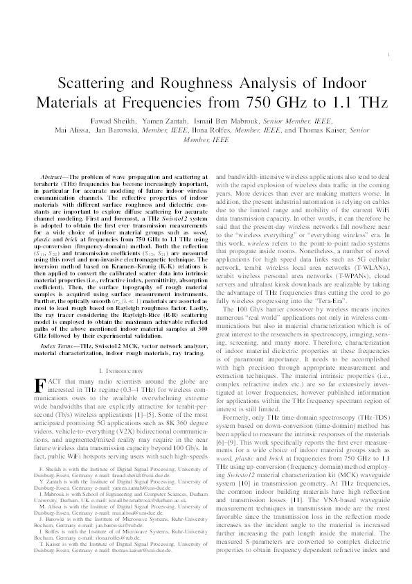 Scattering and Roughness Analysis of Indoor Materials at Frequencies from 750 GHz to 1.1 THz Thumbnail