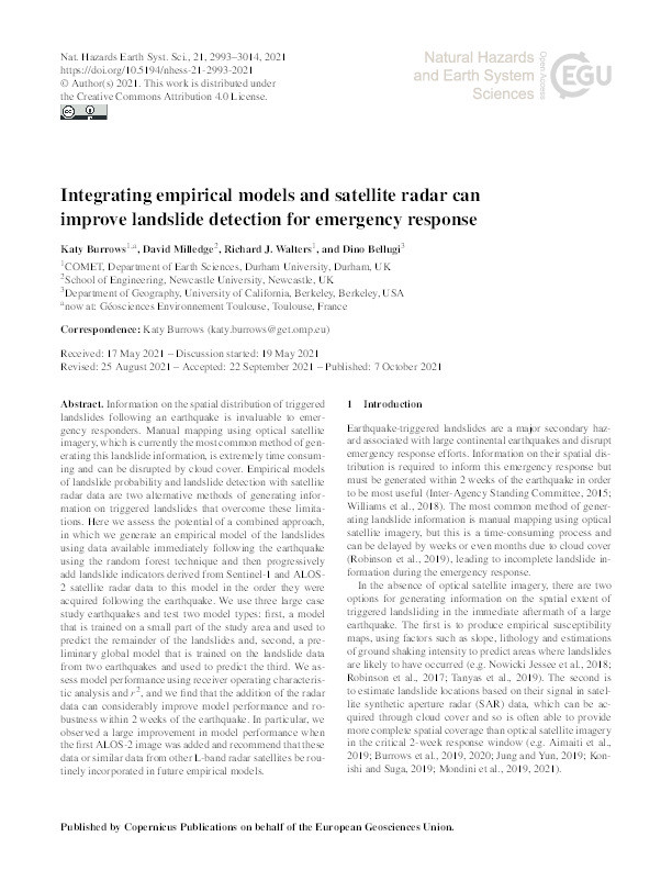Integrating empirical models and satellite radar can improve landslide detection for emergency response Thumbnail