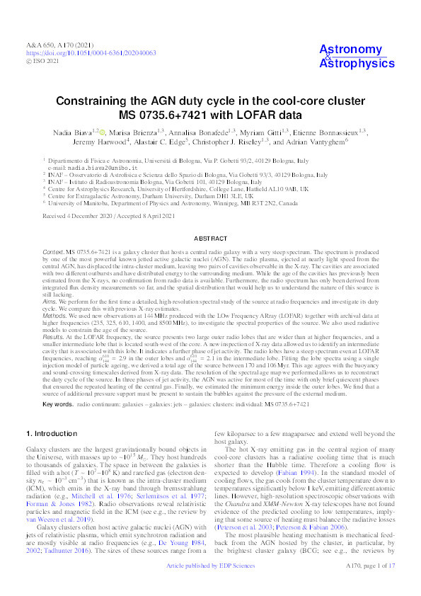 Constraining the AGN duty cycle in the cool-core cluster MS 0735.6+7421 with LOFAR data Thumbnail