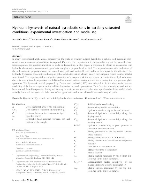 Hydraulic hysteresis of natural pyroclastic soils in partially saturated conditions: experimental investigation and modelling Thumbnail