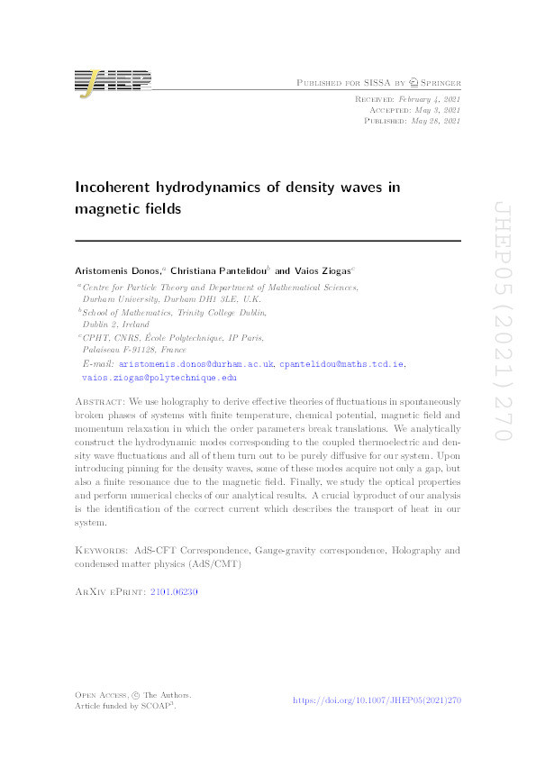 Incoherent hydrodynamics of density waves in magnetic fields Thumbnail