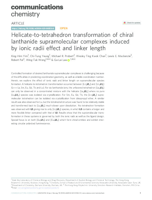 Helicate-to-tetrahedron transformation of chiral lanthanide supramolecular complexes induced by ionic radii effect and linker length Thumbnail