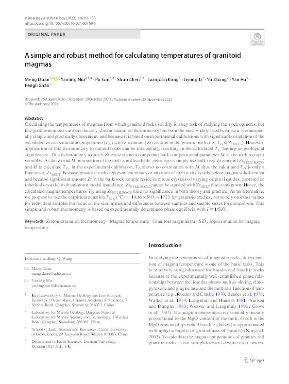 A simple and robust method for calculating temperatures of granitoid magmas Thumbnail