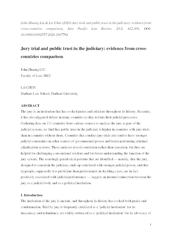 Jury trial and public trust in the judiciary: evidence from cross-countries comparison Thumbnail