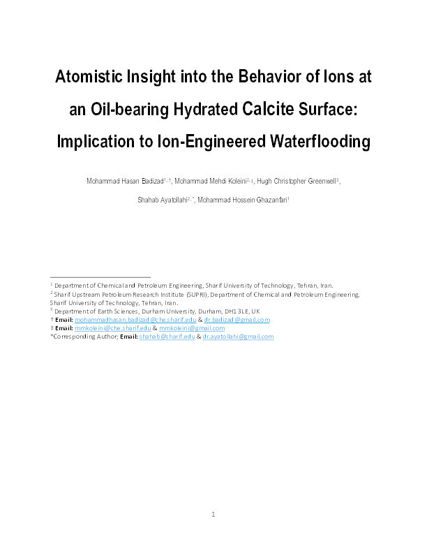 Atomistic Insight into the Behavior of Ions at an Oil-Bearing Hydrated Calcite Surface: Implication to Ion-Engineered Waterflooding Thumbnail