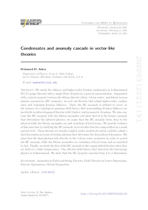 Condensates and anomaly cascade in vector-like theories Thumbnail