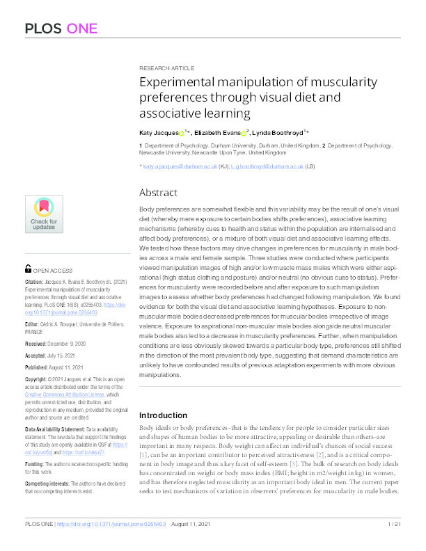 Experimental manipulation of muscularity preferences through visual diet and associative learning Thumbnail