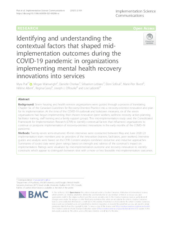 Identifying and understanding the contextual factors that shaped mid-implementation outcomes during the COVID-19 pandemic in organizations implementing mental health recovery innovations into services Thumbnail