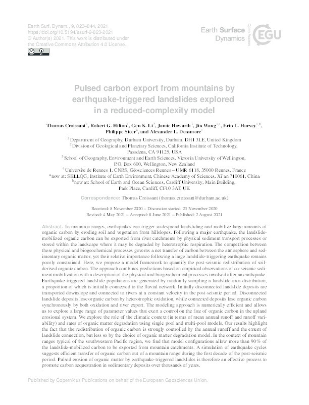 Pulsed carbon export from mountains by earthquake-triggered landslides explored in a reduced-complexity model Thumbnail