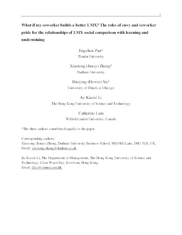 What if my coworker builds a better LMX? The roles of envy and coworker pride for the relationships of LMX social comparison with learning and undermining Thumbnail