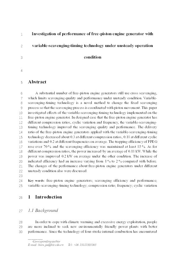 Investigation of performance of free-piston engine generator with variable-scavenging-timing technology under unsteady operation condition Thumbnail