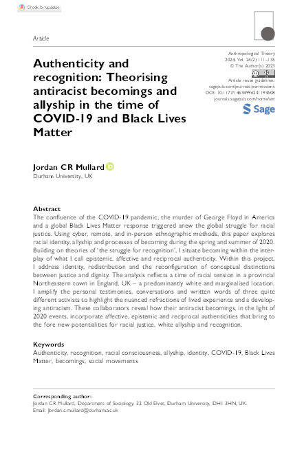Authenticity and recognition: Theorising antiracist becomings and allyship in the time of COVID-19 and Black Lives Matter Thumbnail