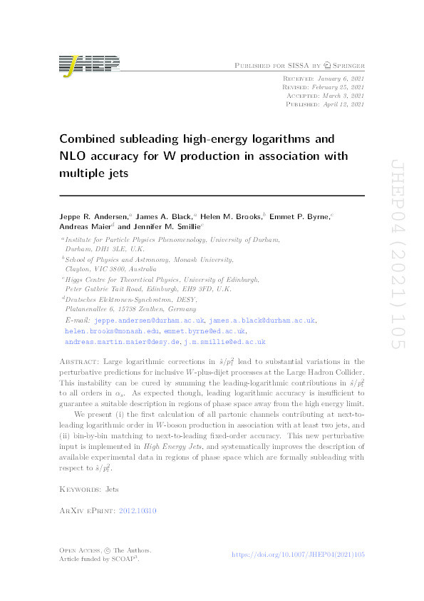 Combined subleading high-energy logarithms and NLO accuracy for W production in association with multiple jets Thumbnail