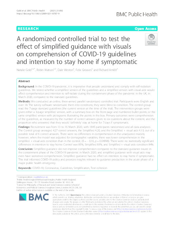 A randomized controlled trial to test the effect of simplified guidance with visuals on comprehension of COVID-19 guidelines and intention to stay home if symptomatic Thumbnail