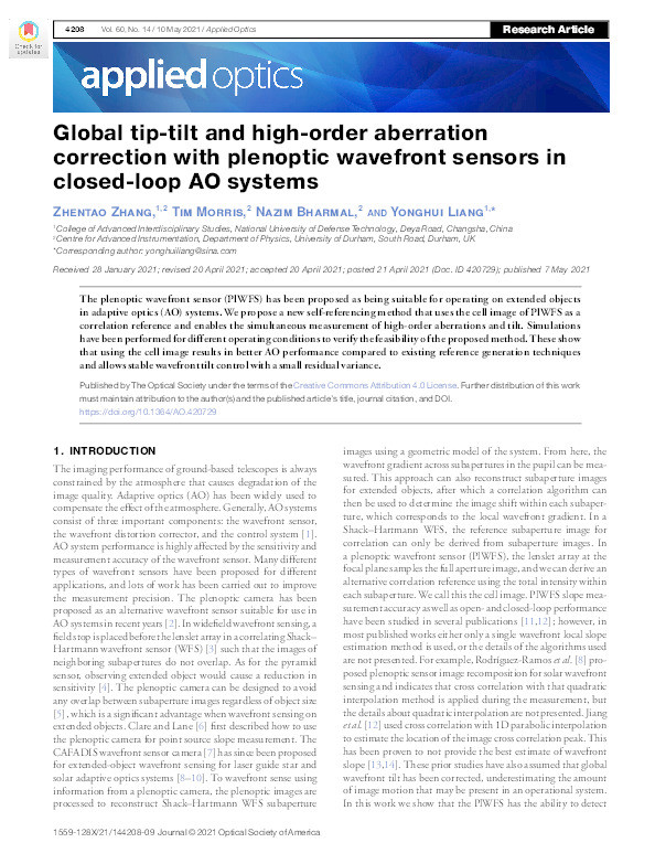 Global tip-tilt and high-order aberration correction with plenoptic wavefront sensors in closed-loop AO systems Thumbnail