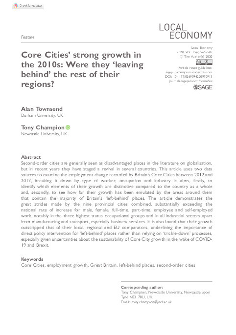 Core Cities’ strong growth in the 2010s: Were they ‘leaving behind’ the rest of their regions? Thumbnail