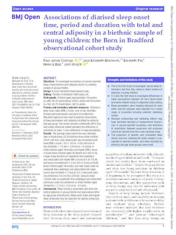 Associations of diarised sleep onset time, period and duration with total and central adiposity in a biethnic sample of young children: the Born in Bradford observational cohort study Thumbnail