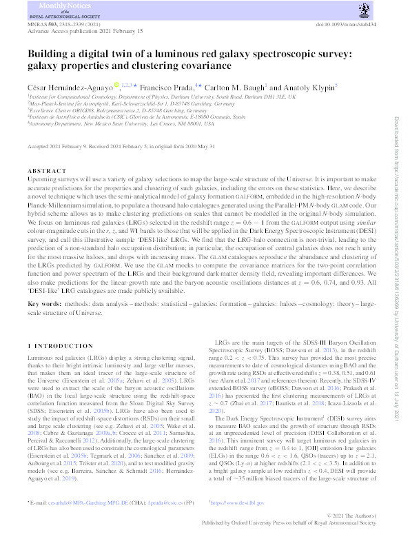 Building a digital twin of a luminous red galaxy spectroscopic survey: galaxy properties and clustering covariance Thumbnail