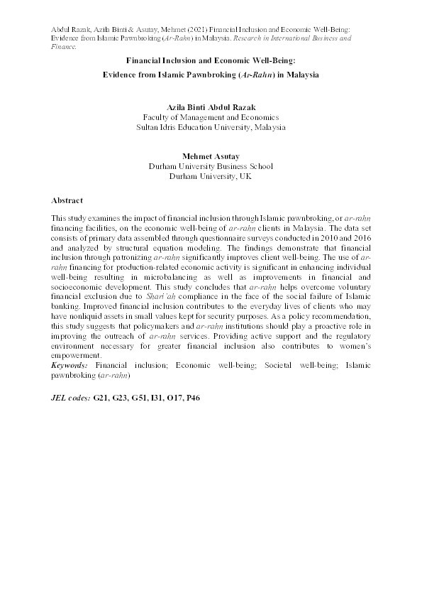Financial Inclusion and Economic Well-Being: Evidence from Islamic Pawnbroking (Ar-Rahn) in Malaysia Thumbnail