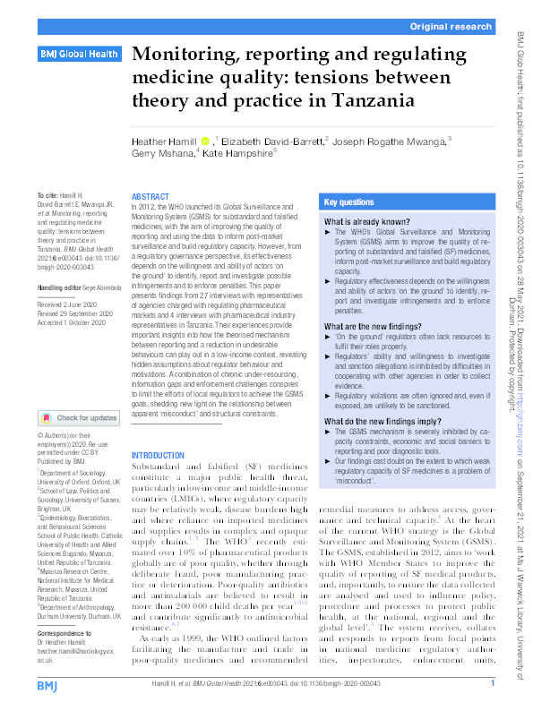 Monitoring, reporting and regulating medicine quality: tensions between theory and practice in Tanzania Thumbnail