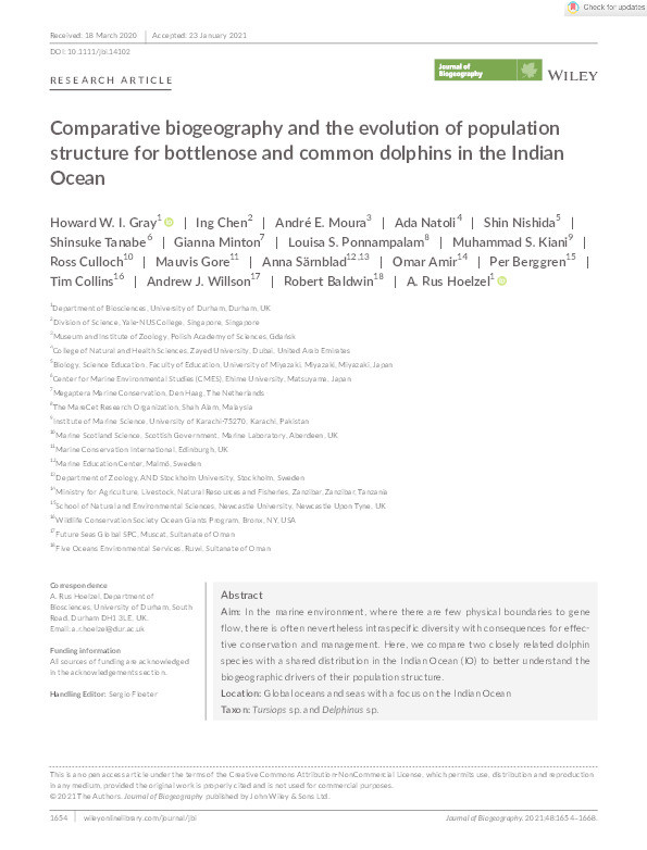 Comparative biogeography and the evolution of population structure for bottlenose and common dolphins in the Indian Ocean Thumbnail