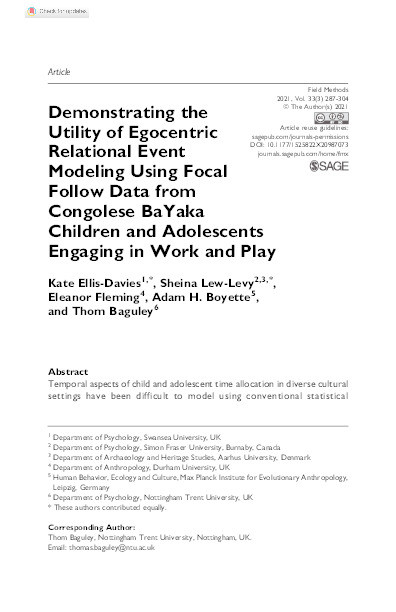 Demonstrating the Utility of Egocentric Relational Event Modeling Using Focal Follow Data from Congolese BaYaka Children and Adolescents Engaging in Work and Play Thumbnail