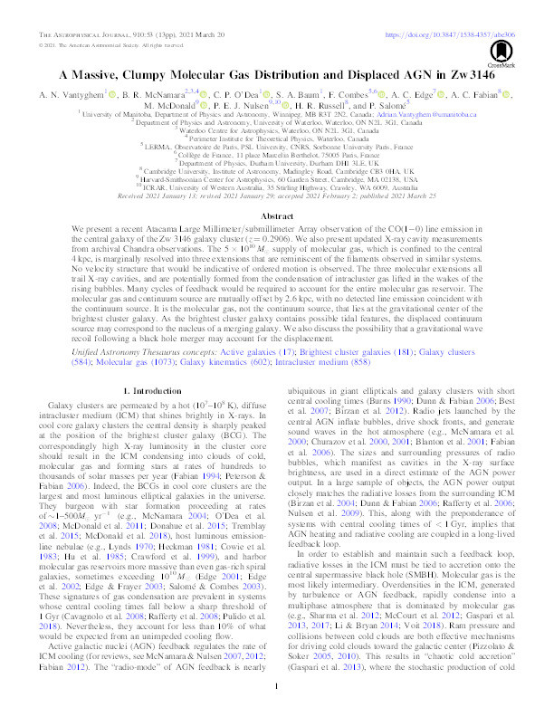 A Massive, Clumpy Molecular Gas Distribution and Displaced AGN in Zw 3146 Thumbnail