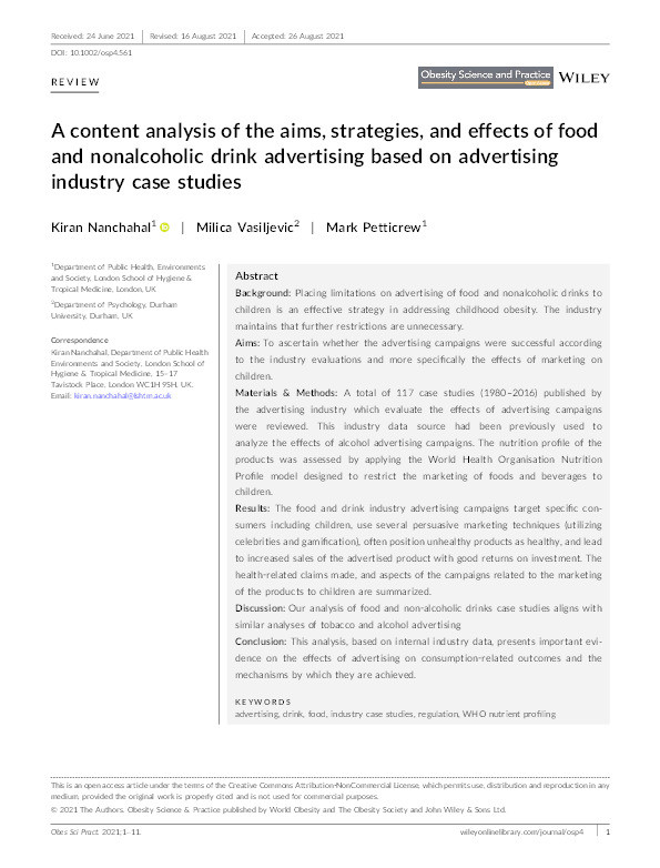 A content analysis of the aims, strategies, and effects of food and nonalcoholic drink advertising based on advertising industry case studies Thumbnail