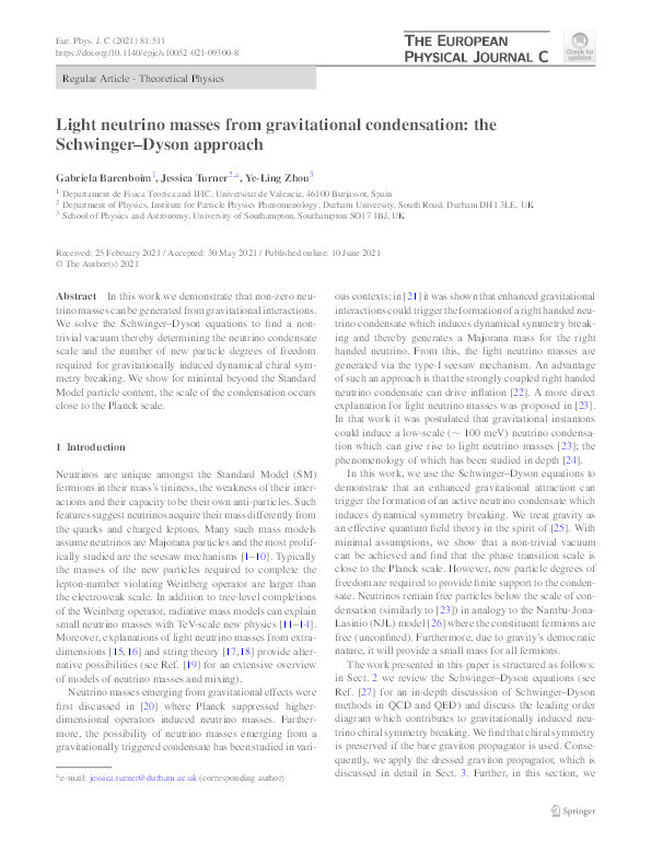 Light neutrino masses from gravitational condensation: the Schwinger–Dyson approach Thumbnail