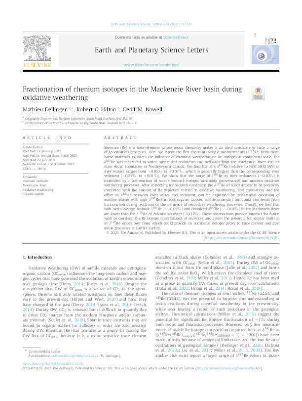 Fractionation of rhenium isotopes in the Mackenzie River basin during oxidative weathering Thumbnail