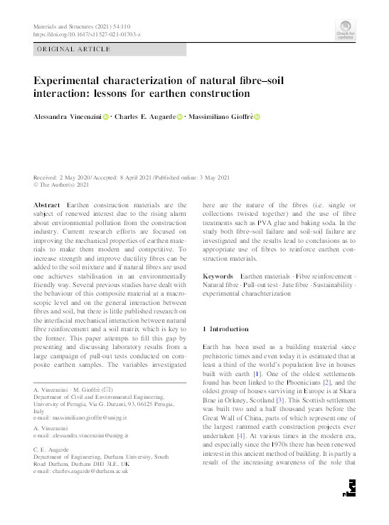 Experimental characterization of natural fibre–soil interaction: lessons for earthen construction Thumbnail