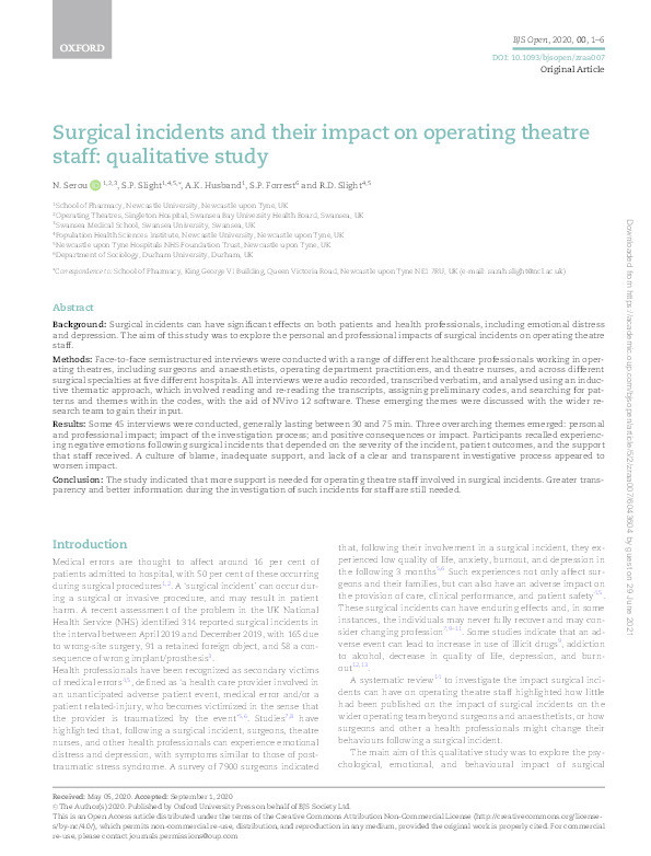 Surgical incidents and their impact on operating theatre staff: qualitative study Thumbnail