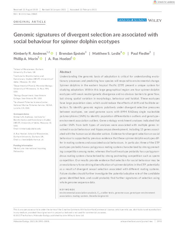Genomic signatures of divergent selection are associated with social behaviour for spinner dolphin ecotypes Thumbnail